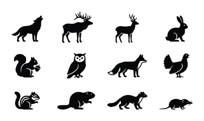 Obraz premium Forest Wildlife Icons Set, Woodland Animals Silhouettes Collection, Nature Fauna Vector Graphics
