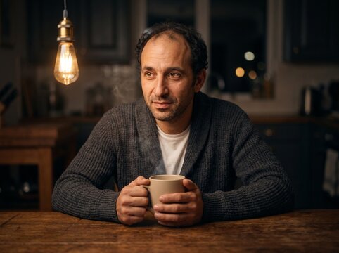 Thoughtful Man Drinking Warm Milk at Kitchen Table at Night
