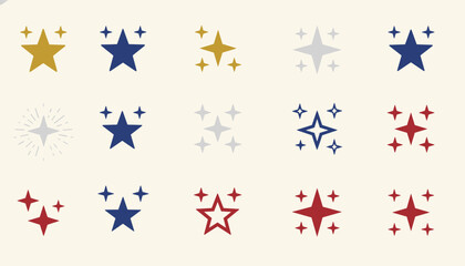 Fototapeta premium Grid of fifteen colorful star and sparkle icons of various shapes, sizes, and designs on a light cream background.
