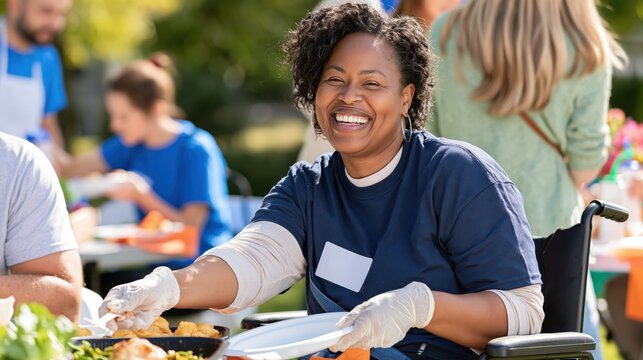 Smiling woman in wheelchair serving food at outdoor community event