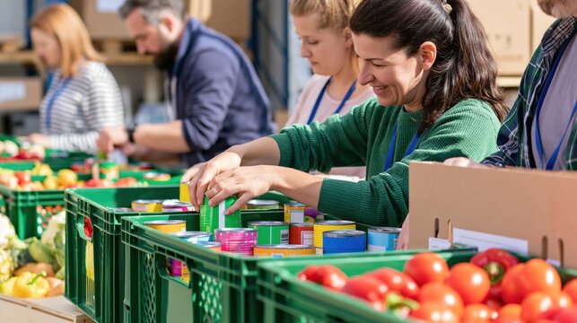 Volunteers sort donated food items into crates at a food bank warehouse
