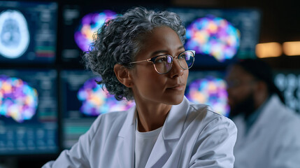 Obraz premium young medical researcher studying neurological scan data on computer screens in a modern laboratory
