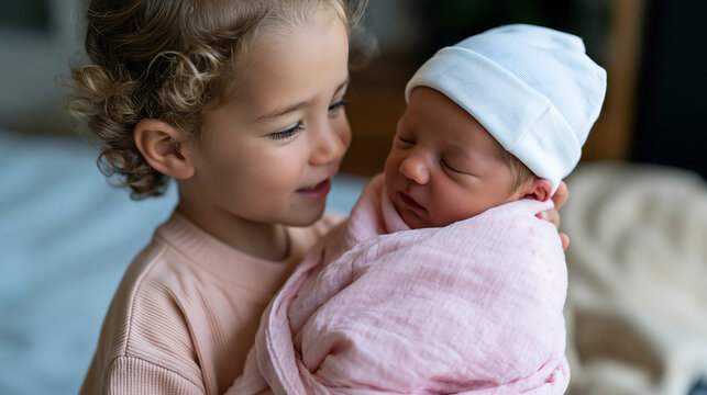 two young siblings gently kissing their newborn baby brother representing sweet family love and bonding