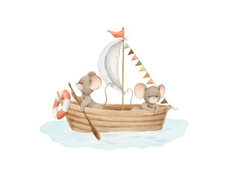 Two cute little mice swiming in wooden boat with oar, lifebuoy, sail and garland, watercolor isolated illustration for your design poster, print, mural in kids room, cartoon adventure two characters.