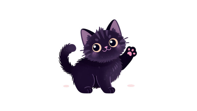 Cute fluffy black kitten waving paw, isolated on transparent background