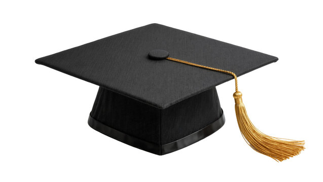 Black graduation cap with golden tassel, isolated on transparent background