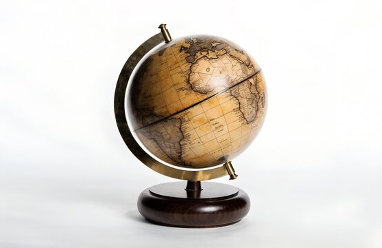 Vintage antique world globe on a decorative wooden stand and brass arc
