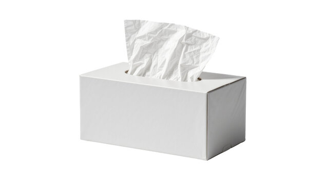 White rectangular tissue box with crumpled tissues protruding, isolated on transparent background