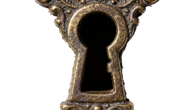 Ornate antique brass keyhole with intricate scrollwork, isolated on transparent background