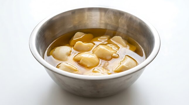 Fresh white tofu cubes soaking in a metal bowl filled with clear liquid for healthy vegan cooking. cocoa oil melting