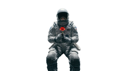 Astronaut in white suit holding a red rose, isolated on transparent background © Nicolae