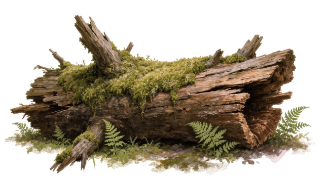 Decaying weathered log covered in green moss and ferns, isolated on transparent background