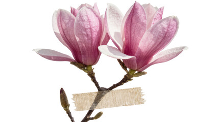 Two pink magnolia flowers with bud and tape, isolated on transparent background © Nicolae