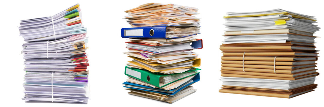 Three stacks of paper documents and folders isolated on a white background