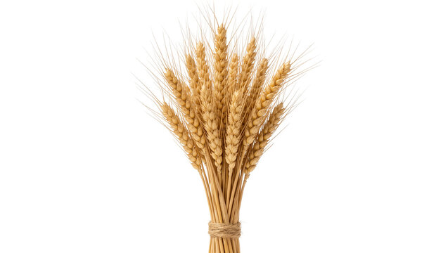 Bundle of golden wheat stalks tied with twine, isolated on transparent background