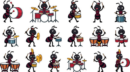Obraz premium Set of cartoon ants playing various drums and percussion instruments