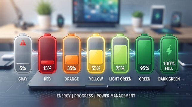 Battery charge level infographic showing seven smartphone battery icons progressing from empty to full, using red, orange, yellow, and green colors on background.