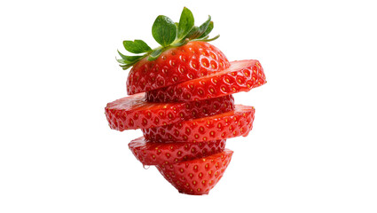 Sliced ripe red strawberry with green leaves, isolated on transparent background © Nicolae