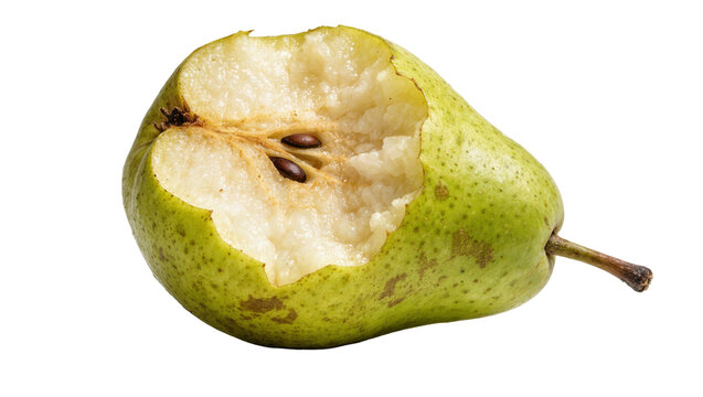 Green pear with bite marks showing seeds and flesh, isolated on transparent background
