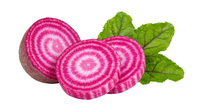 Chioggia beet half and slices with green leaves, isolated on transparent background