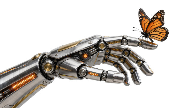 Detailed metallic robotic hand with gold accents gently touching a monarch butterfly, isolated on transparent background