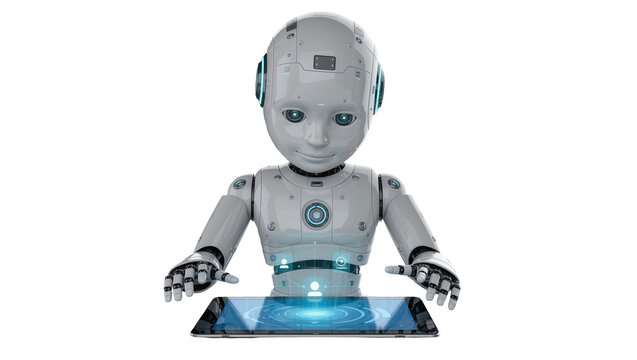 Cute humanoid robot interacting with a futuristic holographic tablet, isolated on transparent background