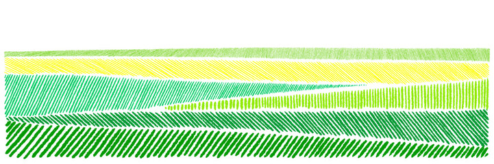 Obraz premium Rolling green field abstract agricultural geometric pattern with textured grass. Vector bg perfect for organic farm design and countryside landscape banner. Hand drawn crayon horizontal poster