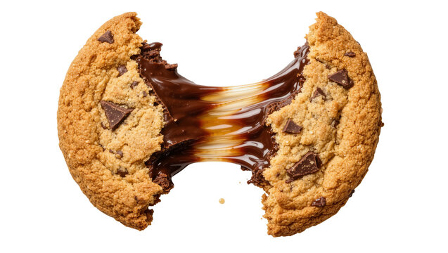 Chocolate chip cookie broken in half with gooey melted chocolate stretching between, isolated on transparent background