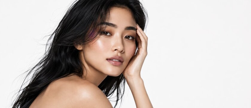 young woman with long dark hair and glowing skin touching her temple while looking at the camera against a white studio background