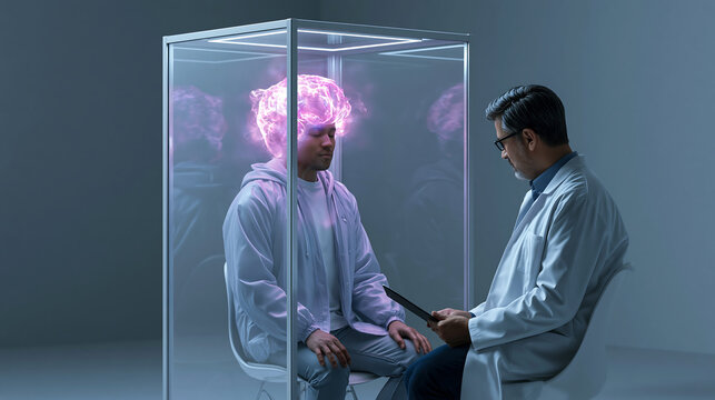 innovative brainwave technology scene showing three people meditating with glowing sensor headsets