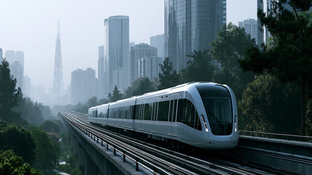 sleek futuristic high speed train traveling on elevated tracks through a modern city skyline