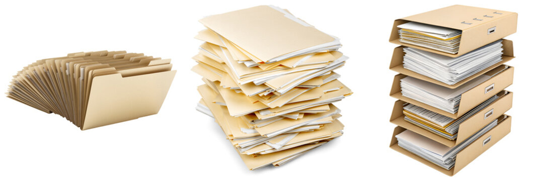Three different arrangements of manila file folders and papers, isolated on a white background.