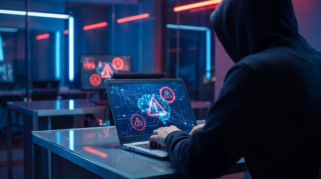 A mysterious hacker engages with a laptop, surrounded by digital alerts and glowing neon lights in a dark environment.