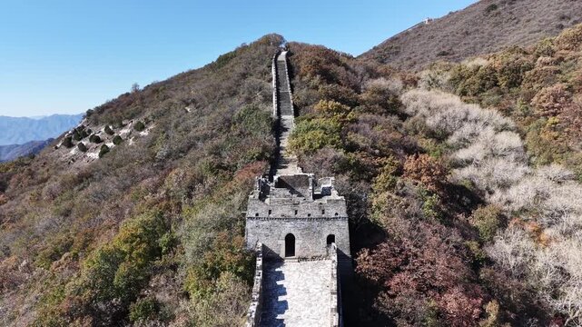 Static aerial looking down at a Great Wall watchtower with the wall climbing steeply uphill behind it, autumn foliage covering the surrounding mountain slopes, Huairou District, Beijing, China.