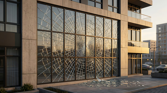 Wide Shot of Shattered Building Window at Golden Hour
