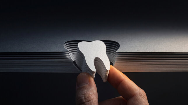 Fingers pulling layered paper tooth from stack, extraction concept