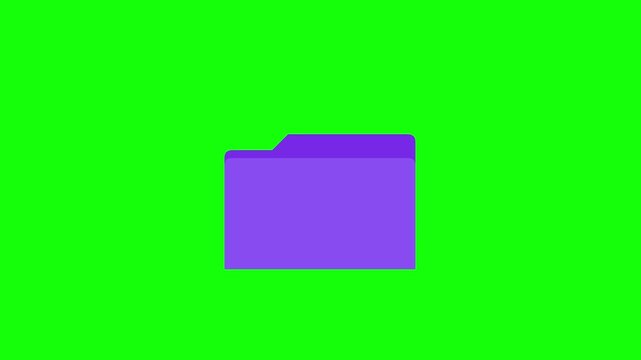 Purple folder icon with document sliding out on green screen.