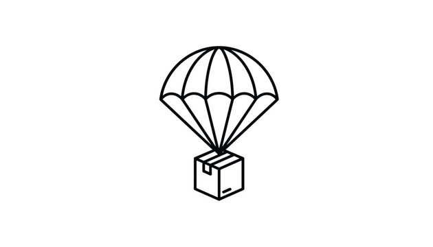Black and white line art illustration of a delivery cardboard box flying down on a parachute over white background.