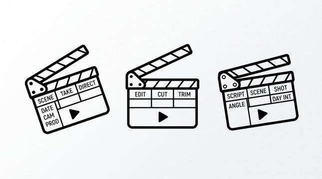 Three hand-drawn movie clapperboard icons arranged horizontally, featuring play buttons and film details, clean black outline illustration style on a simple white background.