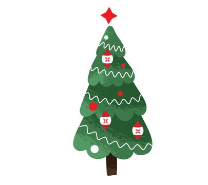 Decorated Christmas tree vector illustration with star, garland, colorful ornaments. Textured green fir tree icon isolated on white background, ideal for holiday greeting cards and festive patterns