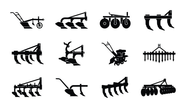 Agricultural Plows and Tillage Equipment Icons Set, Farming Tools Vector Collection