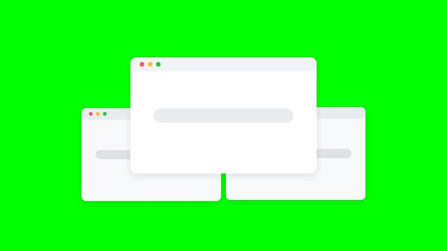 Three browser windows mockup on green screen background.