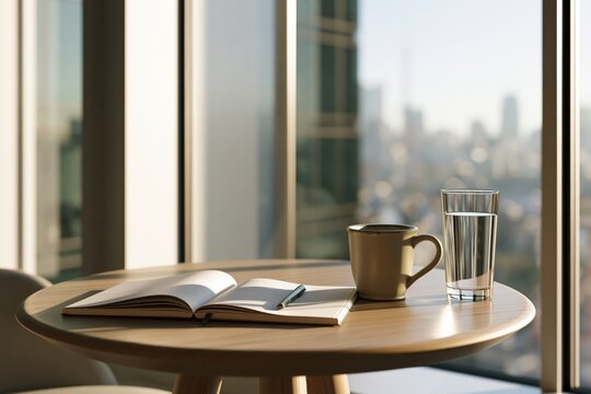 Modern Office Lounge with Wooden Table, Notebook, Coffee Mug and City Skyline View