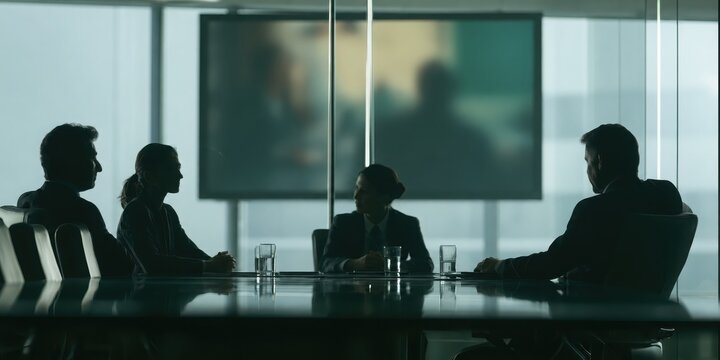Panoramic View of Four Business Executives in Silhouette Holding Strategic Discussion in Modern Glass Boardroom for Corporate Leadership Concept