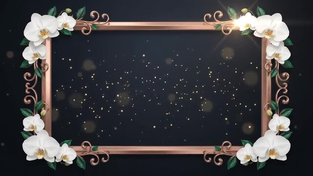 Rose gold frame blooming with white orchids on dark background