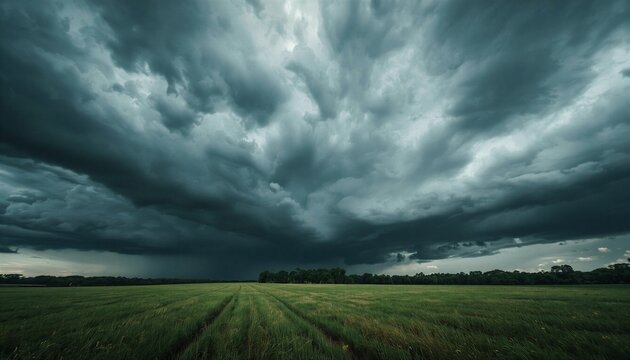 Dramatic storm clouds and dark sky over green field before rain