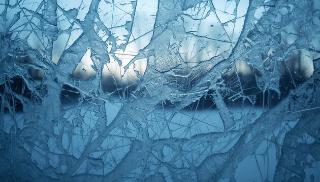 Abstract frozen ice texture and cracks on window pane background