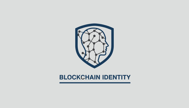 Modern tech logo featuring a face silhouette constructed with network nodes inside a shield for blockchain identity.