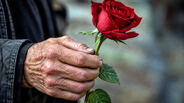 Elderly hand gently holds a vibrant red rose. The textured skin and prominent veins contrast with the flowers delicate petals.