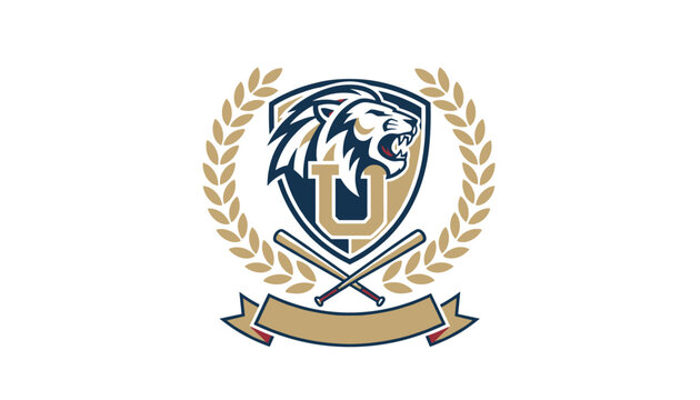 College style sports crest featuring a roaring lion emblem on a blue shield with crossed baseball bats and laurel wreath.